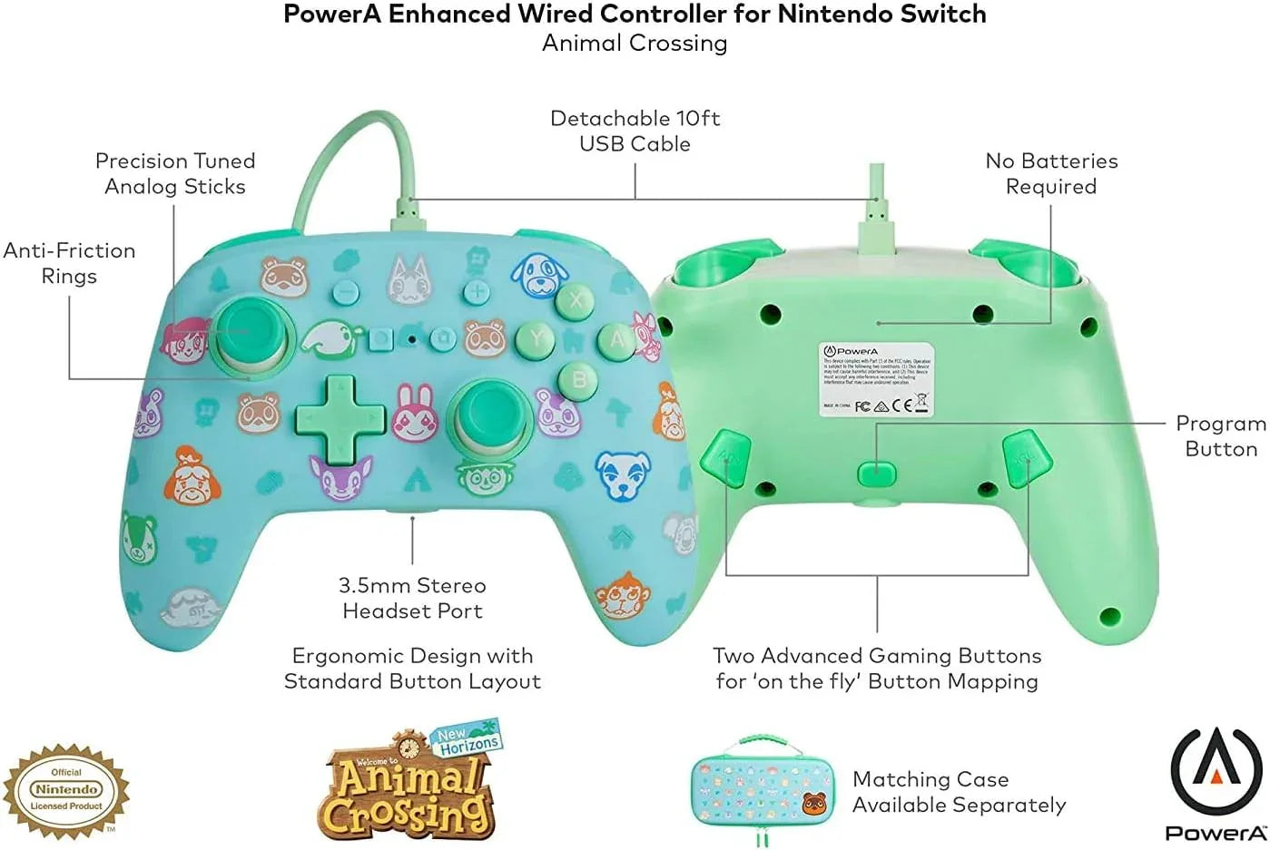 ゲームコントローラー PowerA Enhanced Animal Crossing Wired Nintendo Switch Controller あつまれ どうぶつの森デザイン 任天堂公式ライセンス 高機能 オーディオジャック マッピング可能 高耐久 USB着脱式ケーブル バッテリー不要