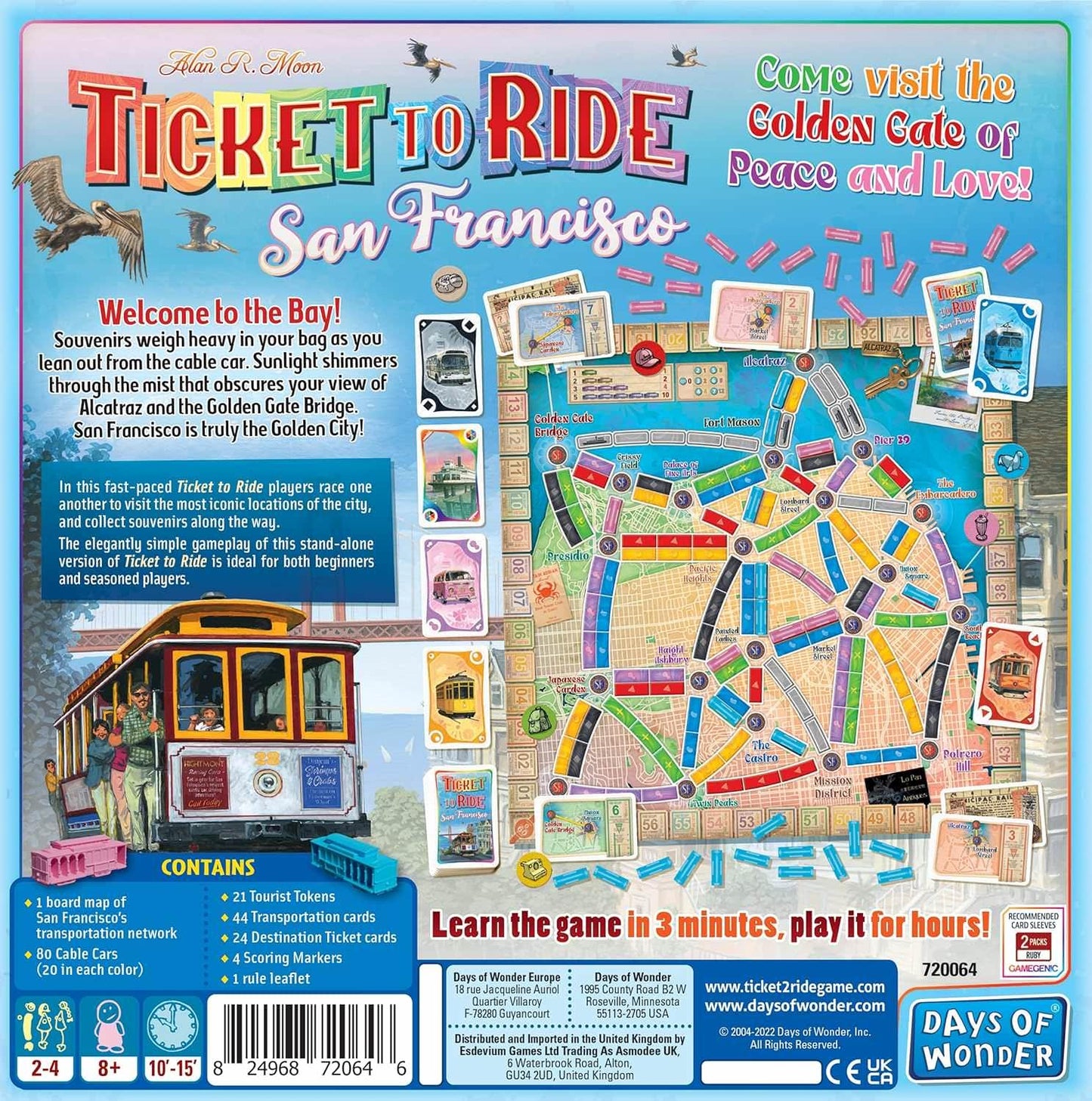 ボードゲーム Ticket to Ride San Francisco チケット トゥ ライド サンフランシスコ Alan R Moon 短時間 十五分 美しい カラフル デザイン ケーブルカー 観光名所 巡る 西海岸 交通網 ルートカード 集める お土産 トークン