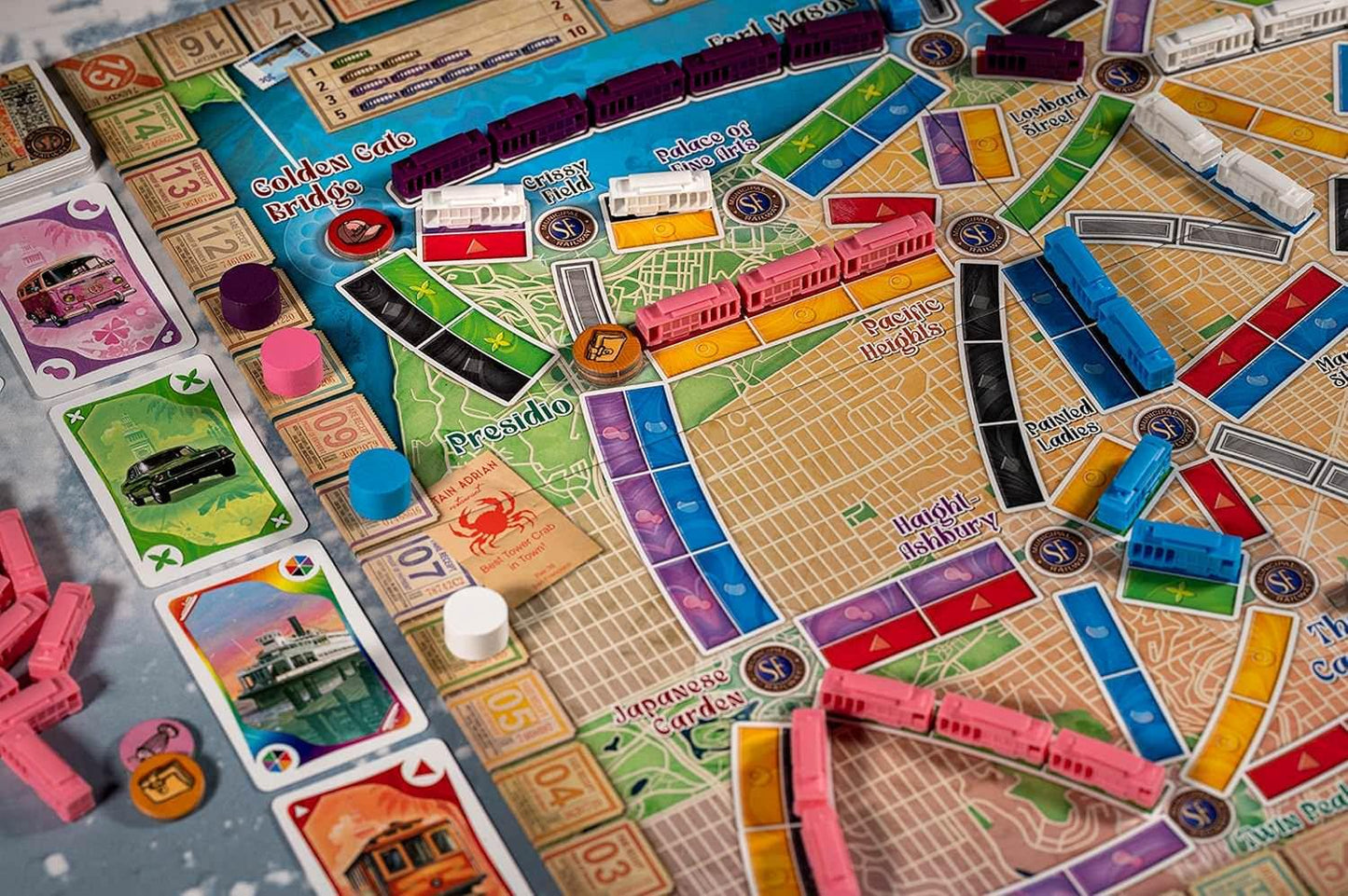 ボードゲーム Ticket to Ride San Francisco チケット トゥ ライド サンフランシスコ Alan R Moon 短時間 十五分 美しい カラフル デザイン ケーブルカー 観光名所 巡る 西海岸 交通網 ルートカード 集める お土産 トークン