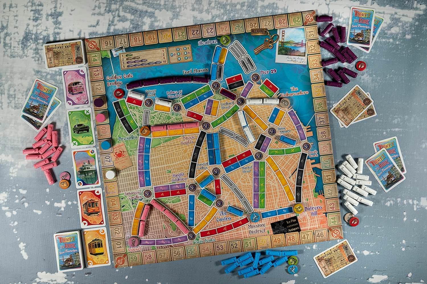 ボードゲーム Ticket to Ride San Francisco チケット トゥ ライド サンフランシスコ Alan R Moon 短時間 十五分 美しい カラフル デザイン ケーブルカー 観光名所 巡る 西海岸 交通網 ルートカード 集める お土産 トークン