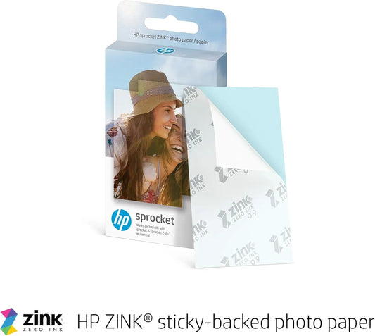 フォトペーパー HP Sprocket 2x3インチ プレミアムZINKスティッキーバックフォトペーパー 20枚入り 耐水性 インクレス印刷 スマートフォン対応 SNS連携可能 剥がせるステッカー 手のひらサイズ 高品質 色鮮やか 複数対応プリンター対応