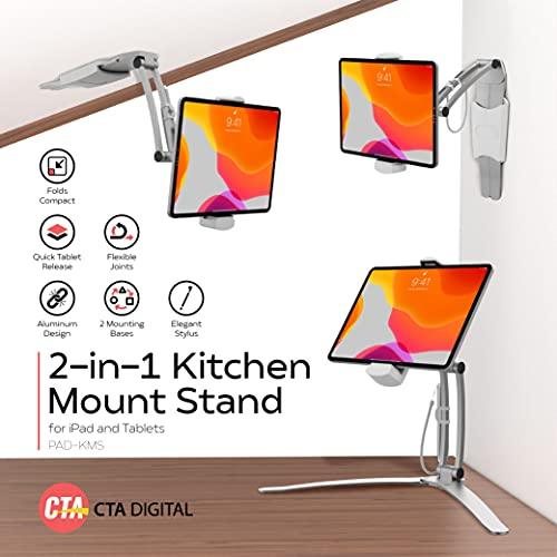 キッチン 多機能2-in-1キッチンタブレットスタンド CTA Digital 幅6インチから8.75インチ対応 壁掛けと卓上両用 アルミニウム製 軽量 耐久性優れ コンパクト収納 360度回転ヘッドピース 調整可能設置場所選ばず 動画視聴 レシピ閲覧