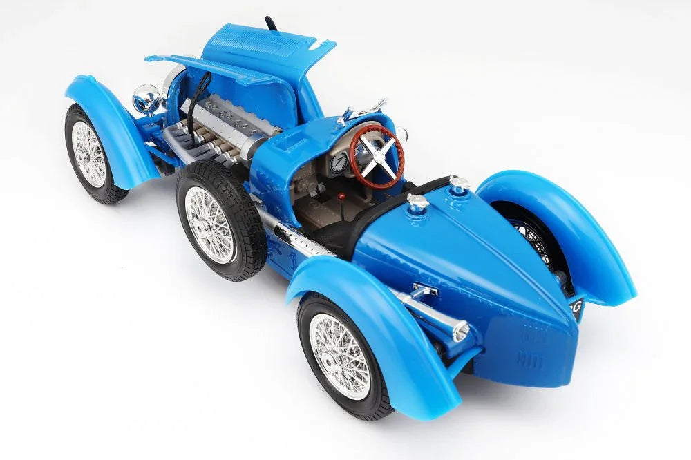 アウトレット品 モデルカー ブガッティ タイプ59 1 18スケール ダイキャスト レーシングカー ブルー ボディカラー 独特 ボディデザイン ロングノーズ ショートデッキ ワイヤースポークホイール レザーストラップ 精巧 コクピット 計器類