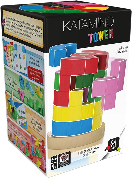 3Dパズルゲーム Katamino Tower カタミノ・タワー Gigamic社 15個木製ピース 円筒形タワー構築 6歳以上 1-2人 約15分 協力モード ソリタリーモード 2層-5層 45000通り以上 空間認識能力 論理的思考力 革新的体験 天然木