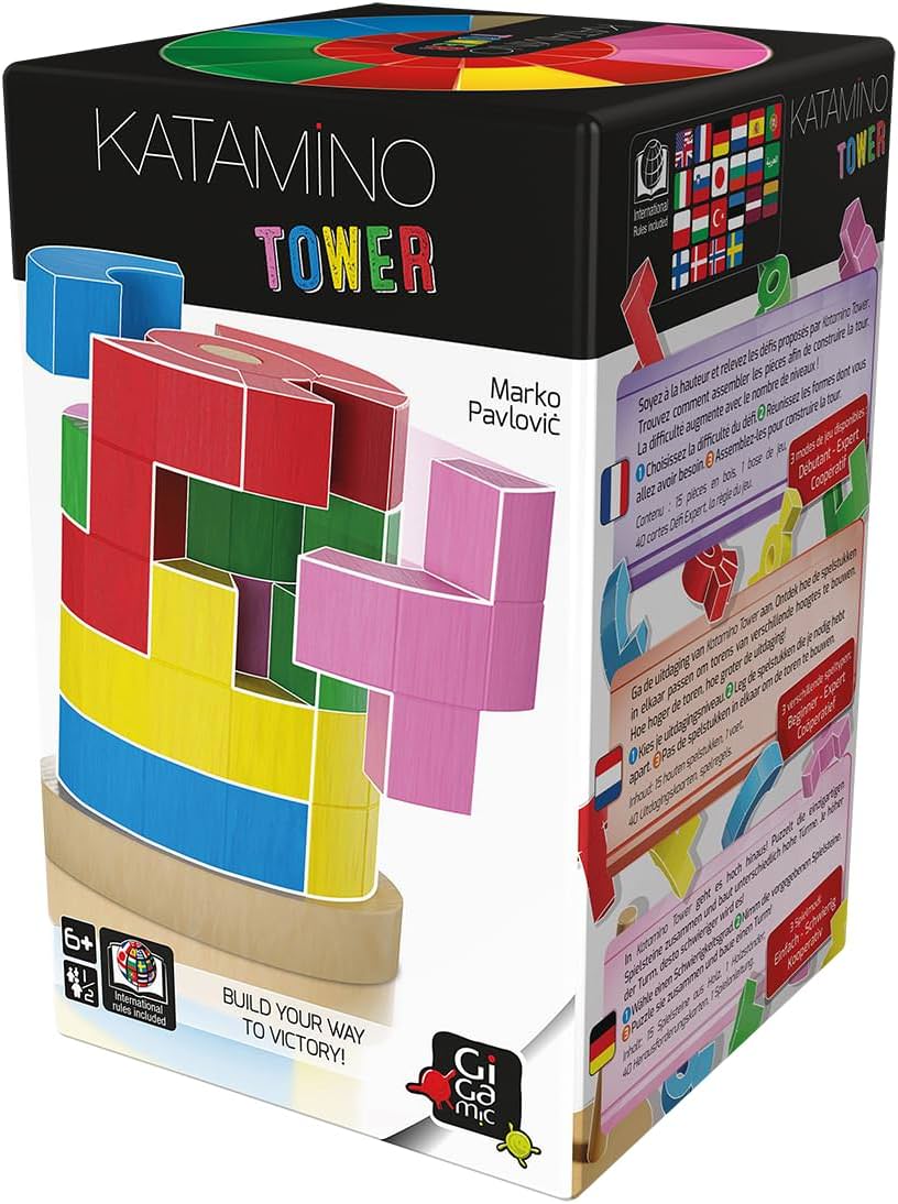 3Dパズルゲーム Katamino Tower カタミノ・タワー Gigamic社 15個木製ピース 円筒形タワー構築 6歳以上 1-2人 約15分 協力モード ソリタリーモード 2層-5層 45000通り以上 空間認識能力 論理的思考力 革新的体験 天然木