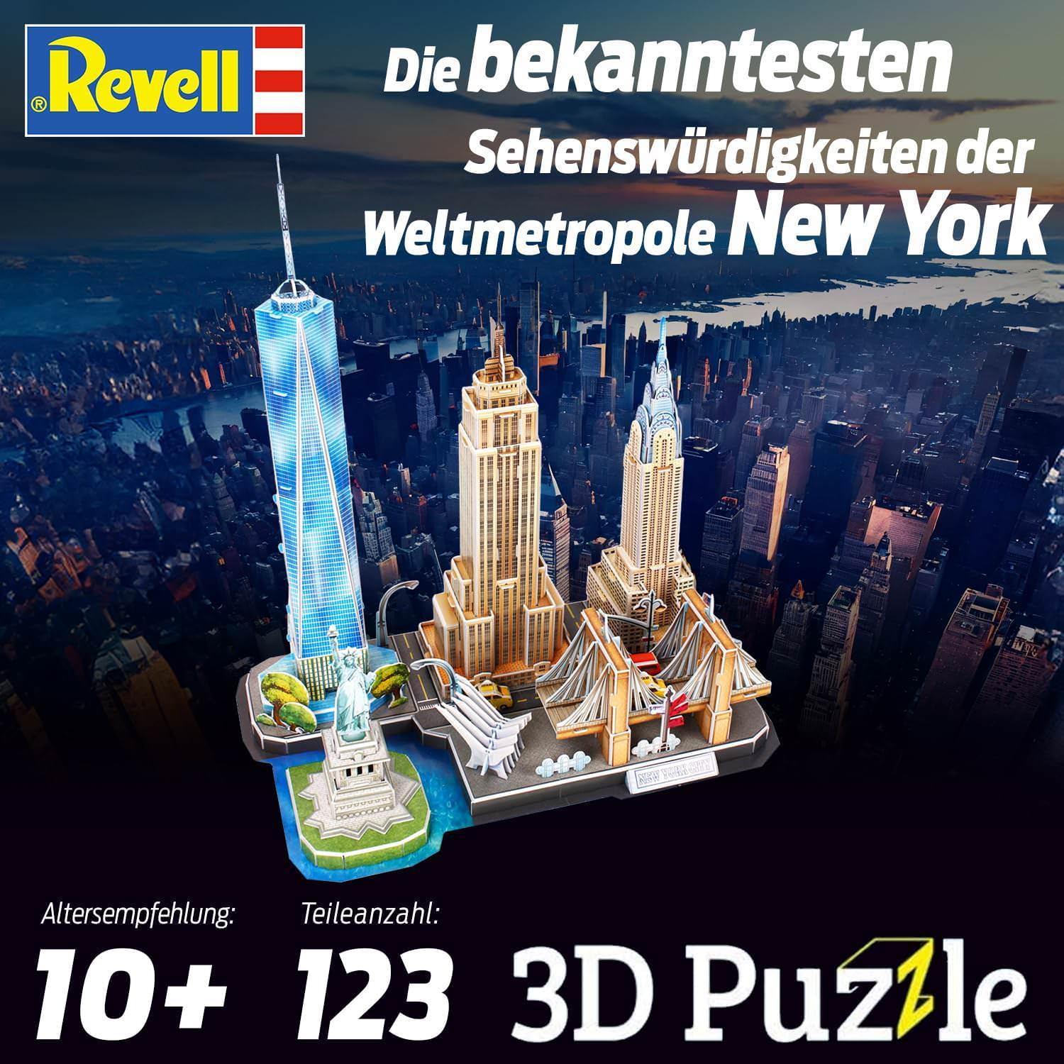 3Dパズル Revell ニューヨークスカイライン 123ピース 精密カット 発泡素材 簡単組み立て のり不要 工具不要 ワンワールドトレードセンター 自由の女神 ブルックリン橋 エンパイアステートビル クライスラービル インテリアサイズ