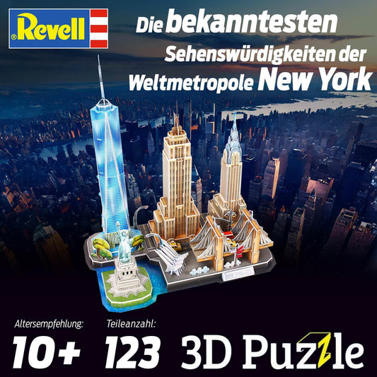 3Dパズル Revell ニューヨークスカイライン 123ピース 精密カット 発泡素材 簡単組み立て のり不要 工具不要 ワンワールドトレードセンター 自由の女神 ブルックリン橋 エンパイアステートビル クライスラービル インテリアサイズ
