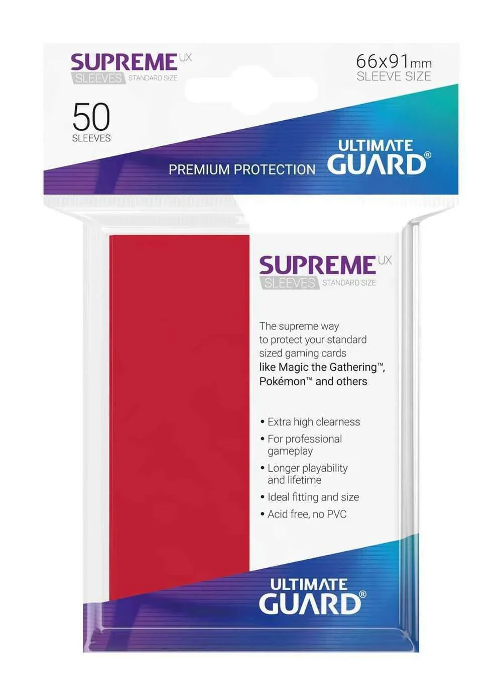 トレーディングカードスリーブ Ultimate Guard Supreme UX スリーブ スタンダードサイズ レッド 50枚入り カード保護 高透明度 ポリプロピレン採用 長期保存対応 角折れ防止 傷防止 強化シール シャッフル性能向上 Gloss表面 Matte裏面