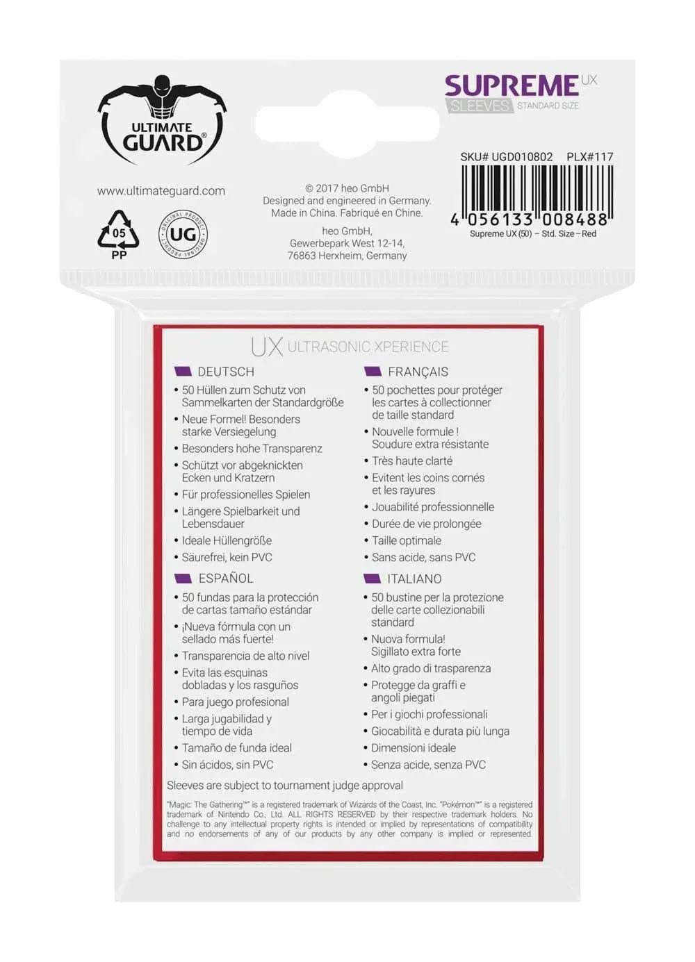 トレーディングカードスリーブ Ultimate Guard Supreme UX スリーブ スタンダードサイズ レッド 50枚入り カード保護 高透明度 ポリプロピレン採用 長期保存対応 角折れ防止 傷防止 強化シール シャッフル性能向上 Gloss表面 Matte裏面