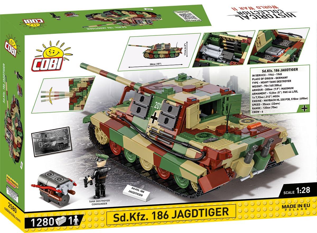 アウトレット品 プラモデル Cobi 2580 Sd Kfz 186 ヤークトティーガー ドイツ駆逐戦車モデルキット 第二次世界大戦 高精度1280ブロック 1対28スケール 可動砲身 開閉ハッチ取り外しミニエンジンモデル 戦車長フィギュア付属