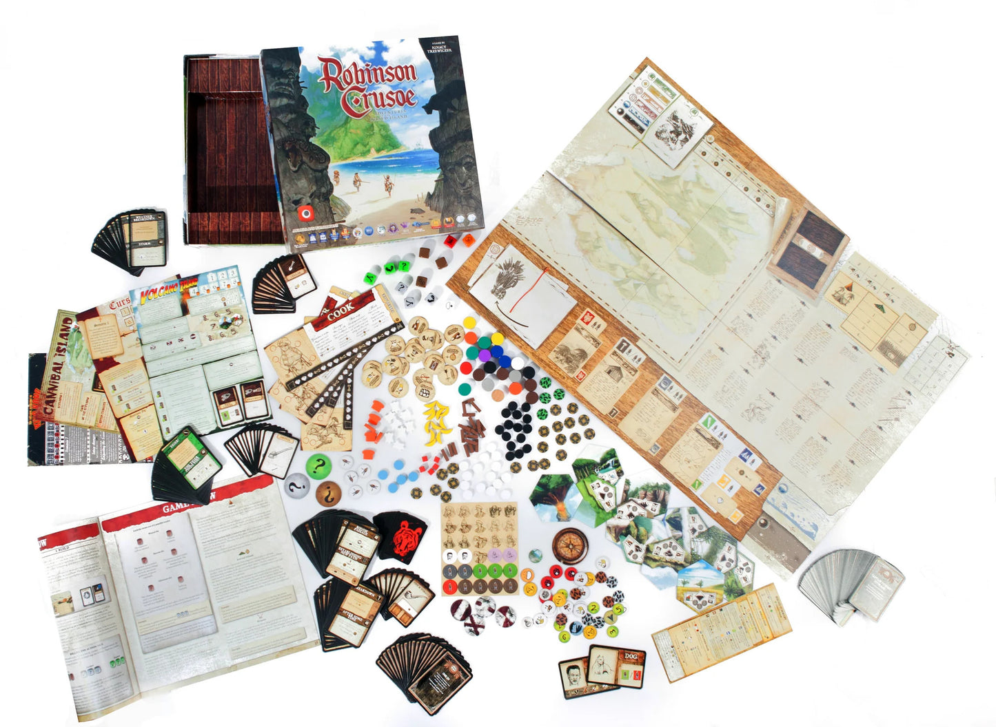 ボードゲーム ロビンソン・クルーソー 呪われた島の冒険 コマンドスリル 協力型サバイバルゲーム ロビンソン・クルーソー 豊富なカード コンポーネント 戦略的資源管理 イベント満載 高い再現性 四人キャラクター 英語版 日本語説明書なし