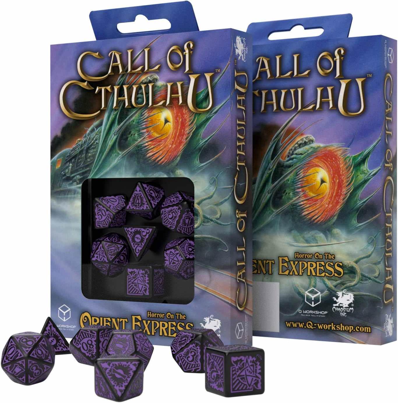 ダイスセット クトゥルフの呼び声 オリエント急行の恐怖 ダイスセット 黒と紫の神秘的高品質プラスチック製多面体7個セット ポーランド製 精巧な彫刻で伝説の列車の恐怖と狂気の物語を表現