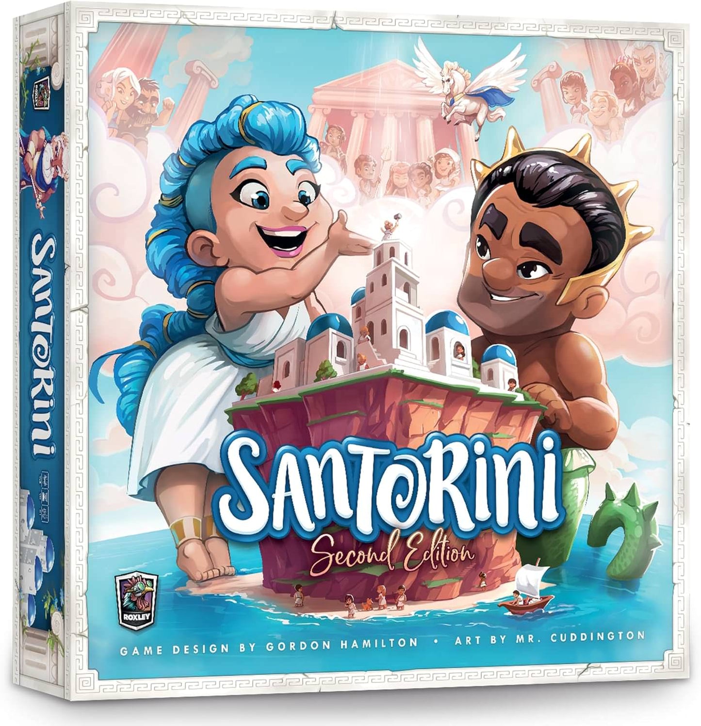 戦略ボードゲーム サントリーニ 第2版 Santorini Second Edition Roxley 2人から4人 約20分 8歳以上 40種類神々英雄能力カード シンプルルール 奥深い戦略性 アブストラクトゲーム 建設者 白壁建物 移動建設 リプレイ性