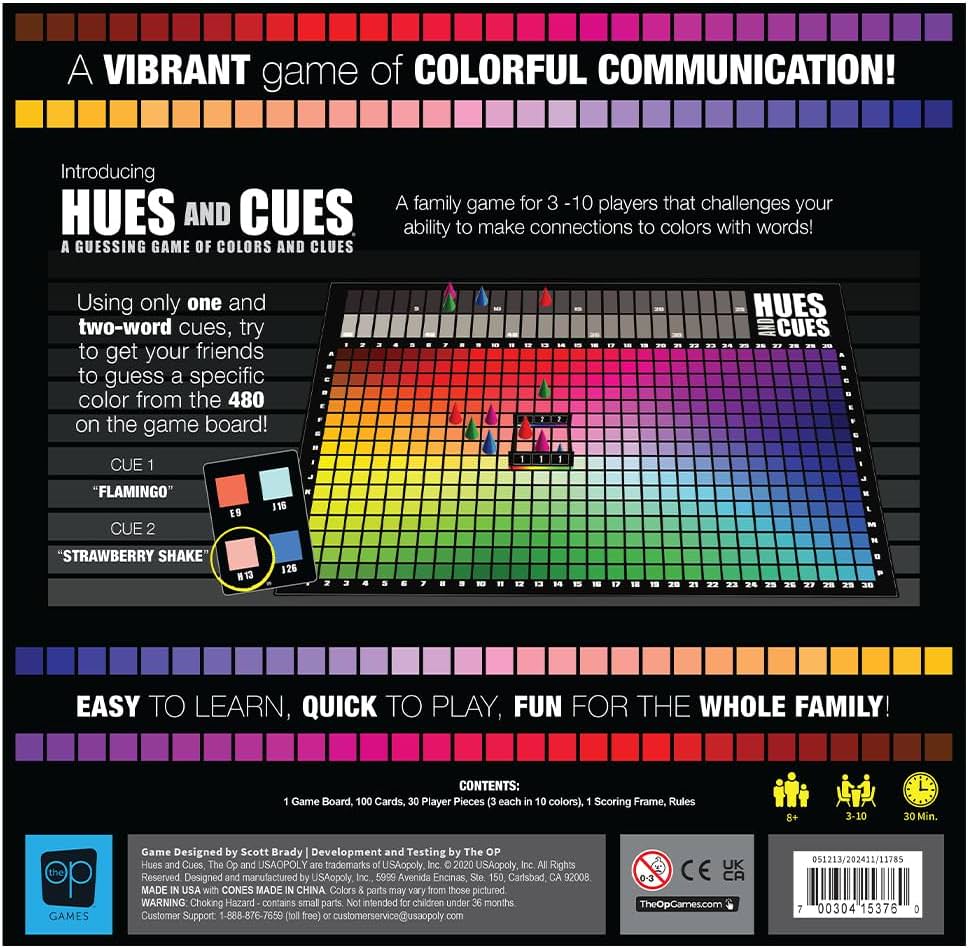 パーティーゲーム HUES and CUES ヒューズアンドキューズ The Op Games Scott Brady 480色 カラースペクトラム ボードゲーム コミュニケーション 色彩感覚 言葉 ヒント 家族 友人 団らん 8歳以上 3-10人 30分 想像力 英語版 日本語説明書なし