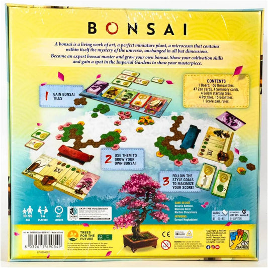 ボードゲーム タイル配置戦略 Bonsai 盆栽 DV Games 日本伝統美意識現代ゲームデザイン融合 瞑想栽培アクションシステム 1-4人用 40分 ソロプレイ対応 ヘックスタイル配置育成 木材葉花果実成長ルール