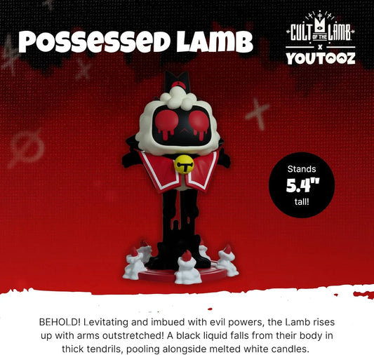フィギュア 神秘的神秘力 憑依子羊 Possessed Lamb Youtooz アクションローグライクゲーム Cult of the Lamb 高さ5.4インチ コレクターズアイテム 精巧立体化 赤い目血滴る 黒い顔 赤白マント 黄色鈴装飾 血しぶき背景 並行輸入品
