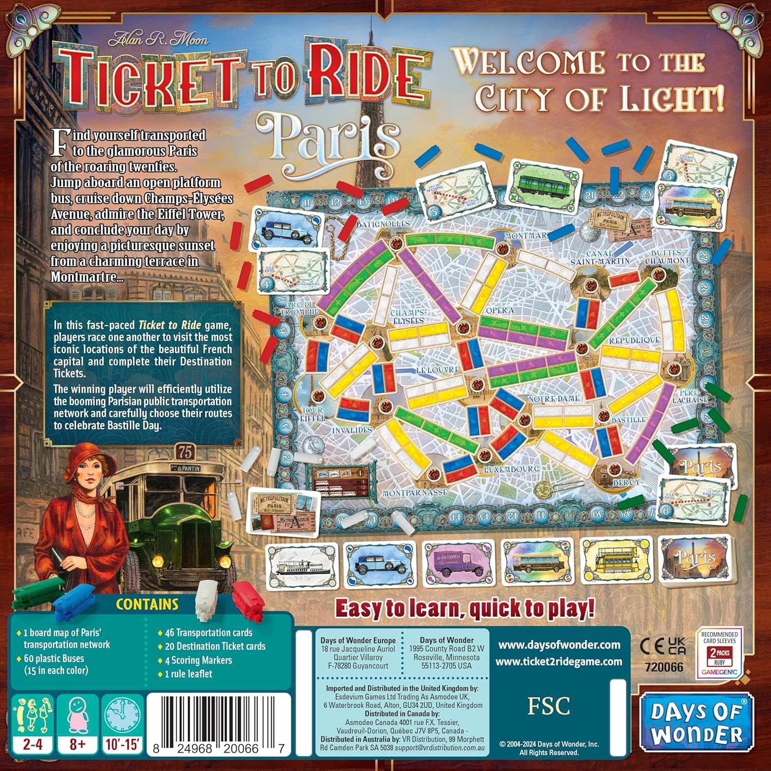 ボードゲーム Ticket to Ride Paris Cities テンポ良い戦略的プレイ 完全版英語版 1920年代パリ街歩き 主要観光地ルート構築 バスネットワーク設計 青白赤カード活用 ボーナスポイント獲得 家族友人団らん向け 2-4人用