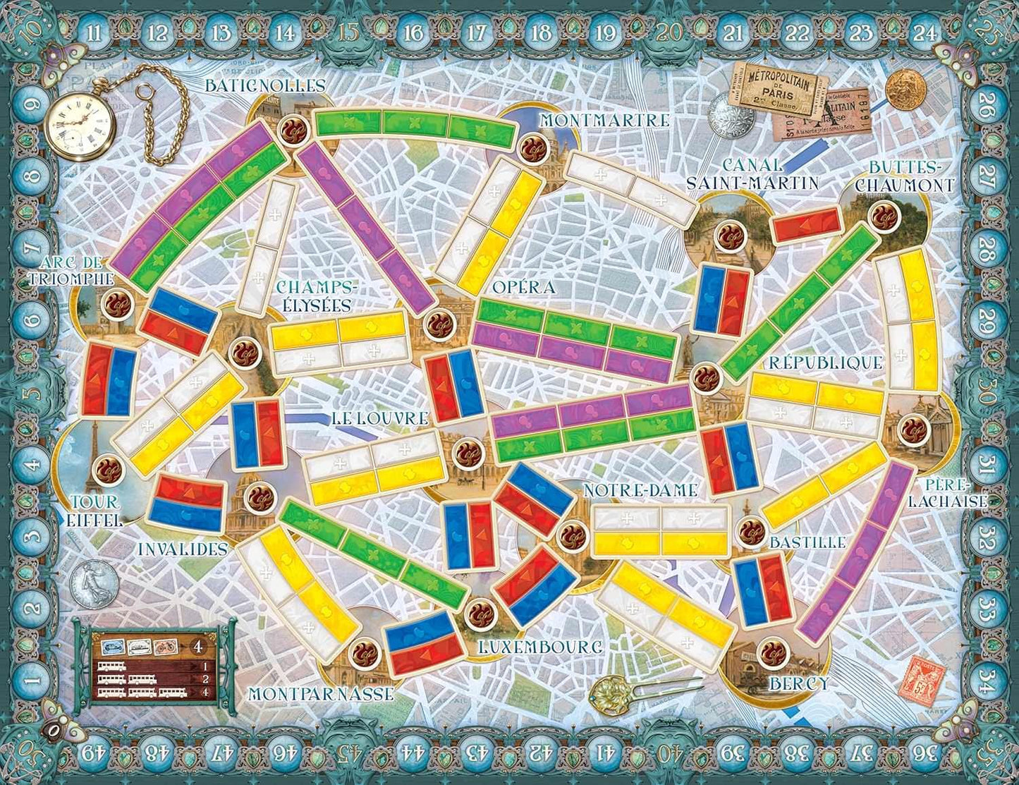 ボードゲーム Ticket to Ride Paris Cities テンポ良い戦略的プレイ 完全版英語版 1920年代パリ街歩き 主要観光地ルート構築 バスネットワーク設計 青白赤カード活用 ボーナスポイント獲得 家族友人団らん向け 2-4人用