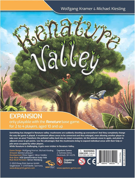 ボードゲーム Renature Valley リネイチャー バレー Capstone Games カプストーン 拡張版 生態系 汚染された谷 Michael Kiesling Wolfgang Kramer キノコ 両面ゲームボード トークン クラウド 連結 拡大 エリア結合 戦略 切り株 環境 植栽 英語版 日本語説明書なし