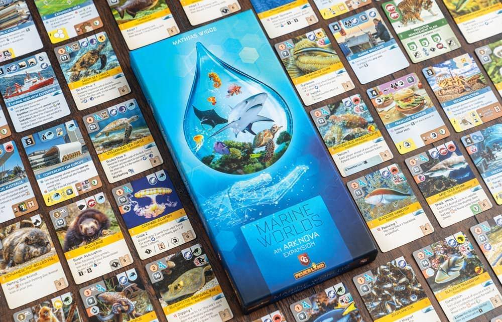 動物園経営ボードゲーム拡張版 Ark Nova 海洋生物 水族館建設 新大学システム アクションカード多様化 リーフドウェラー ウェイブ効果 海の動物カテゴリー 英語版 日本語説明書なし
