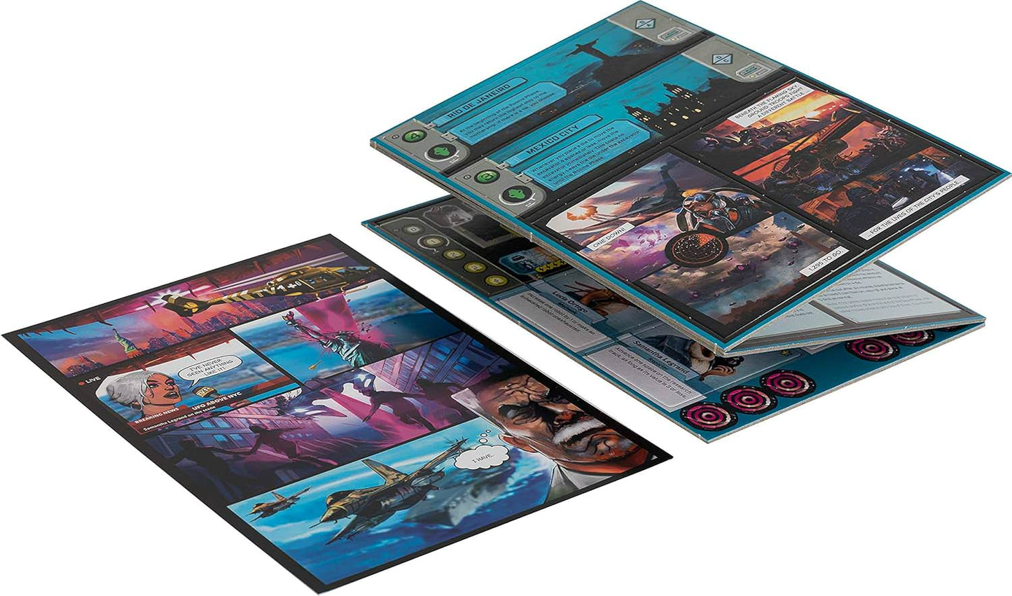 ボードゲーム アンダー・フォーリング・スカイ ソロプレイ専用 地球防衛戦略ゲーム ダイスプレイスメントメカニズム キャンペーンモード 複数ミッション リプレイ可能 エイリアン侵略 地下基地