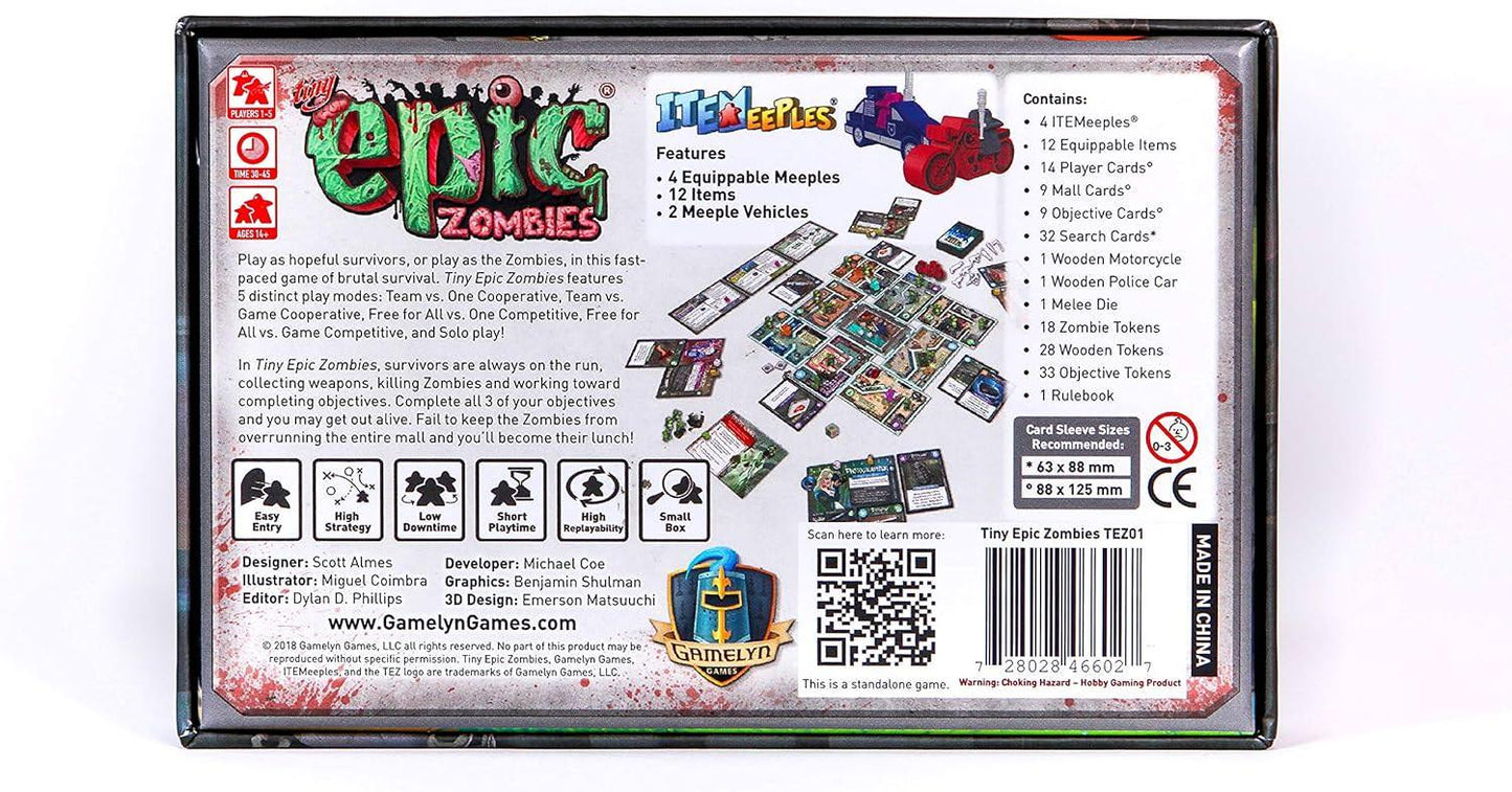 ボードゲーム Tiny Epic Zombies スコット・アルメス 小型コンパクト 多彩なプレイモード ゾンビサバイバル ITEMeeplesシステム 探索戦闘協力プレイ ソロ対応 14歳以上 プレイヤーパワー 可変ダイス推奨時間30から60分