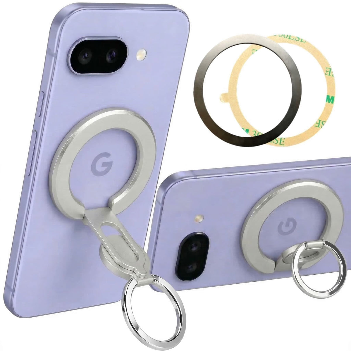 スマホ背面にNice Lab. MagSafe対応スマホリング(シルバー)を取り付けた状態と、別売りのメタルリング単体