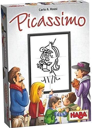 パーティーゲーム Picassimo Haba 描画と推理を組み合わせた新感覚アートゲーム 芸術的センス不要 3ー6人用 約30分 プレイ時間 8歳以上対象 900単語含む150枚カード 消去可能描画ボード 変換カード搭載 家族団らん