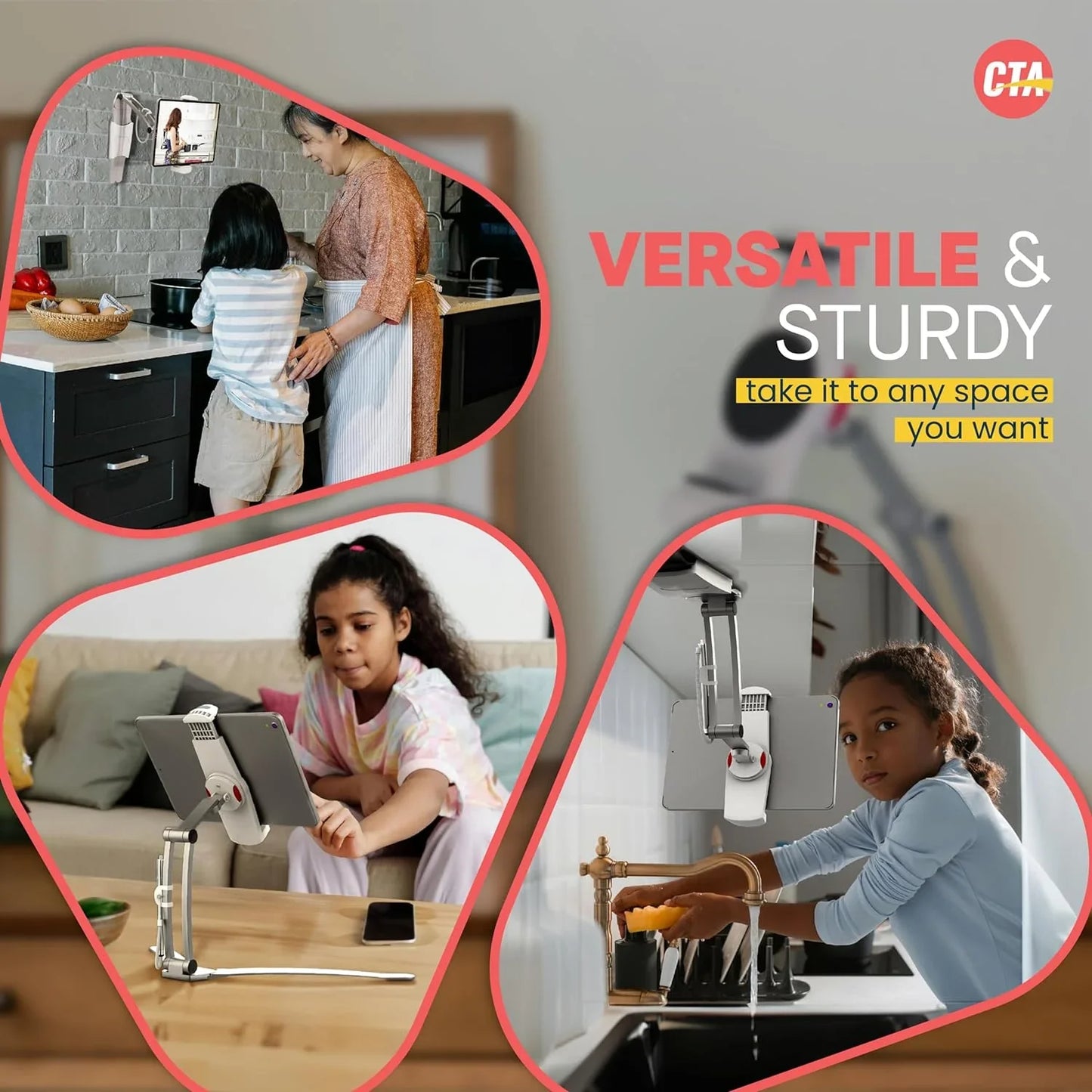 アウトレット品 キッチン 多機能2-in-1キッチンタブレットスタンド CTA Digital 幅6インチから8.75インチ対応 壁掛けと卓上両用 アルミニウム製 軽量 耐久性優れ コンパクト収納 360度回転ヘッドピース 調整可能設置場所選ばず 動画視聴