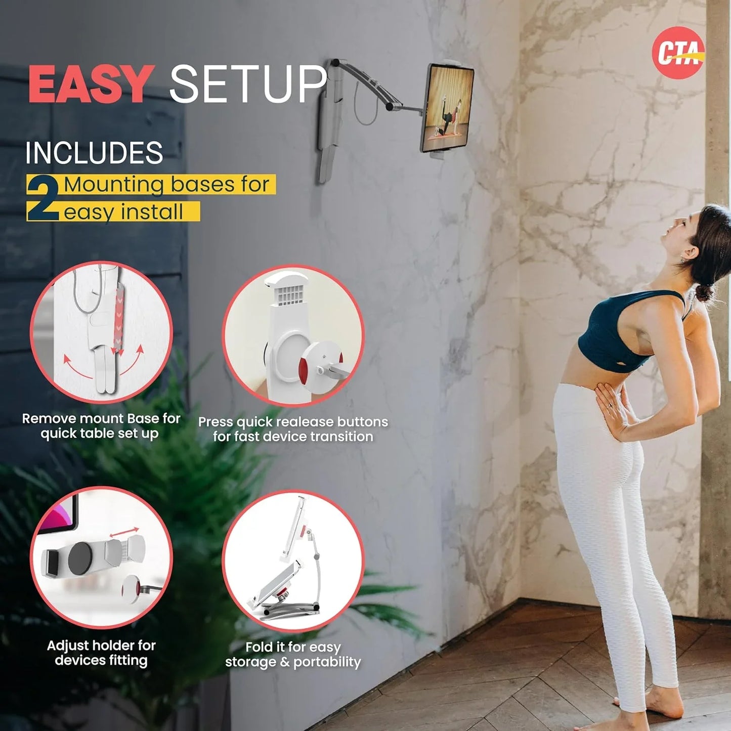 アウトレット品 キッチン 多機能2-in-1キッチンタブレットスタンド CTA Digital 幅6インチから8.75インチ対応 壁掛けと卓上両用 アルミニウム製 軽量 耐久性優れ コンパクト収納 360度回転ヘッドピース 調整可能設置場所選ばず 動画視聴