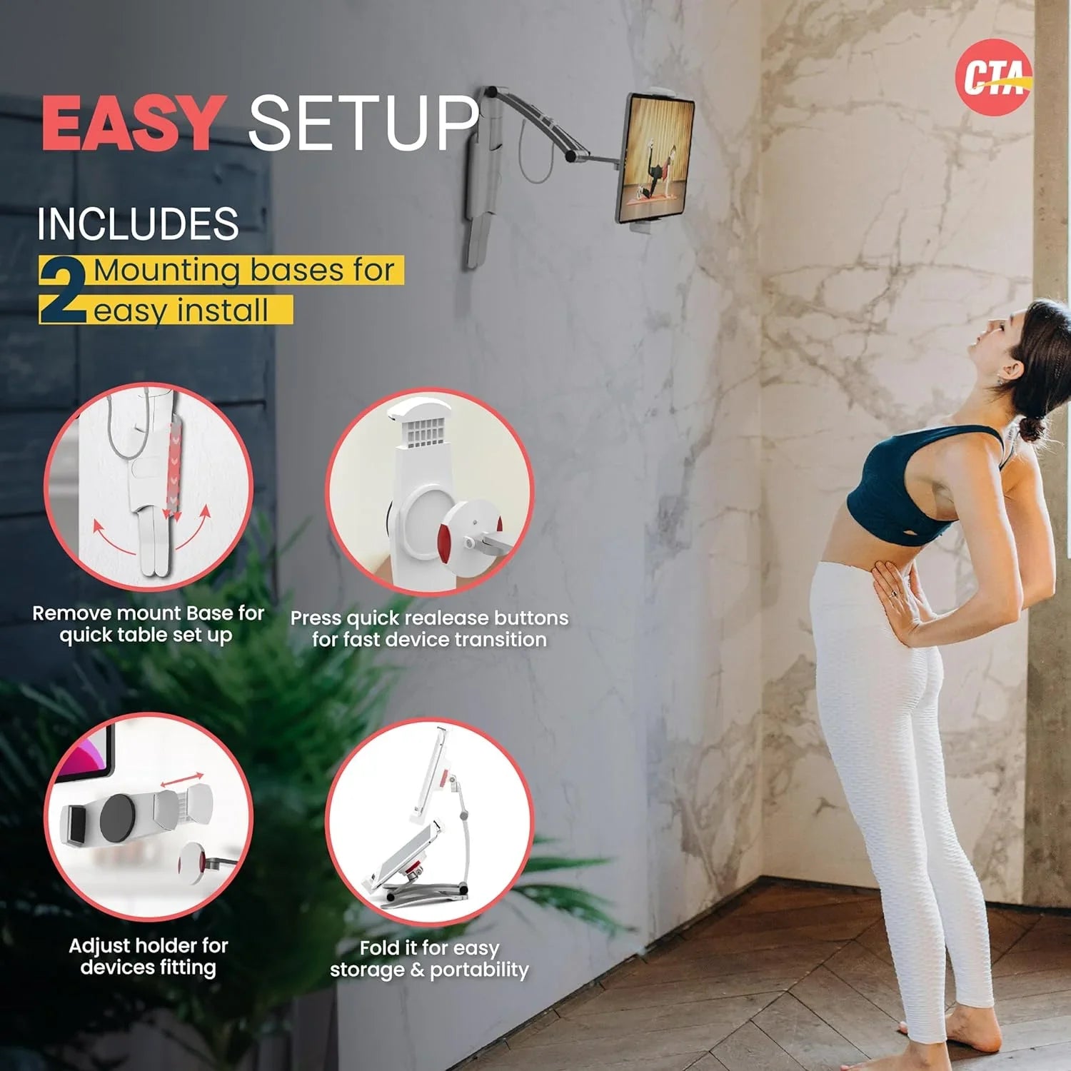 アウトレット品 キッチン 多機能2-in-1キッチンタブレットスタンド CTA Digital 幅6インチから8.75インチ対応 壁掛けと卓上両用 アルミニウム製 軽量 耐久性優れ コンパクト収納 360度回転ヘッドピース 調整可能設置場所選ばず 動画視聴