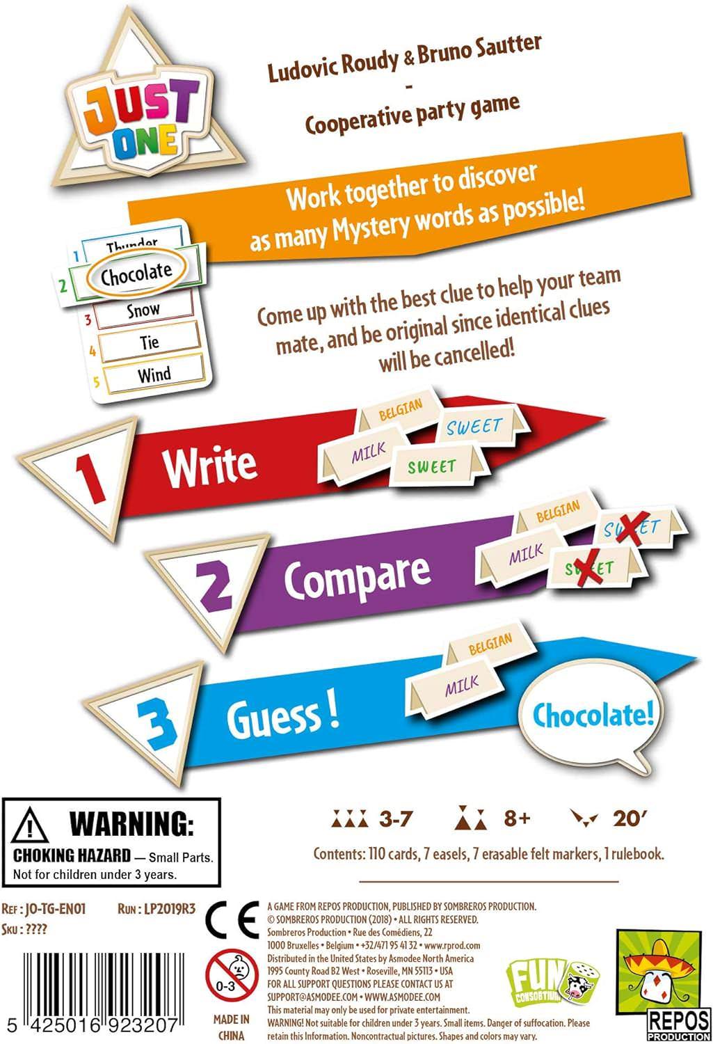 パーティーゲーム Just One Repos Production 協力型 3-7人対象 2019年ドイツ年間ゲーム大賞受賞 550単語収録 短時間20分完結 簡単ルール 子ども大人楽しめる ワード推測力連想力養成 単語ヒント消去ルール用意