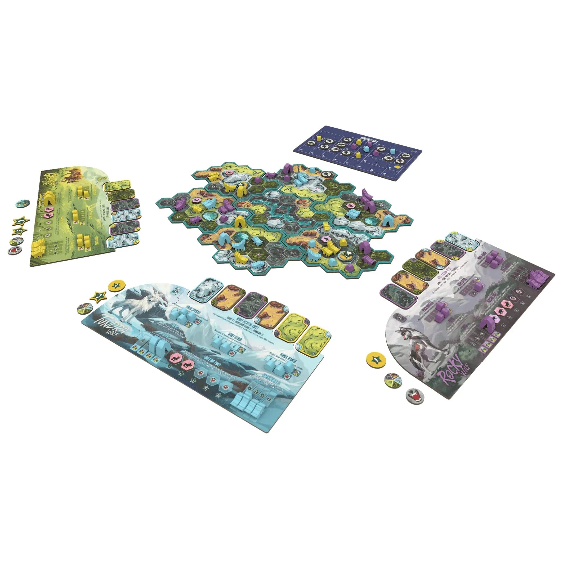 ボードゲーム The Wolves 狼の群れを築き上げる戦略ゲーム Ashwin Kamath Clarence Simpson 狼の群れ拡大領土支配パックビルディング プレイヤー間駆け引き戦略的思考モジュール式ボード 六角形グリッドエリアコントロール