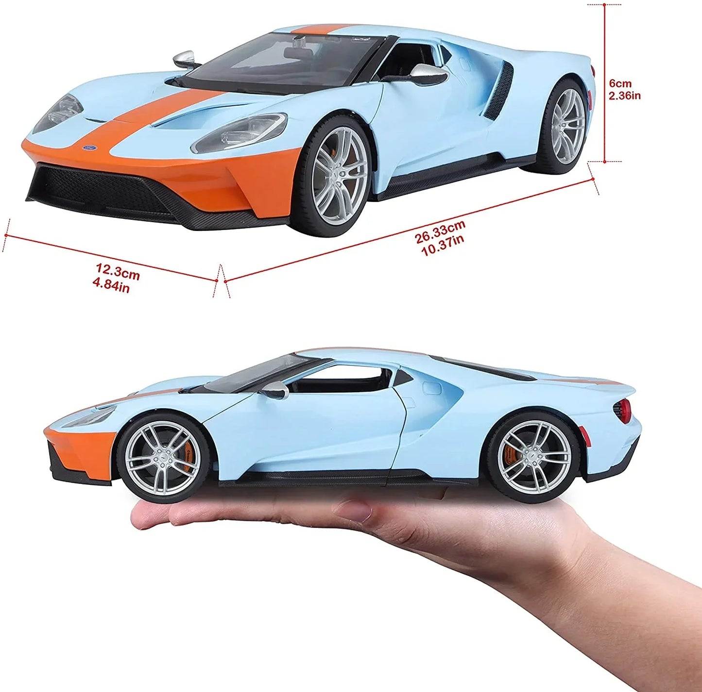 ダイキャストモデルカー Maisto フォードGT 2017モデル 1/18スケール 精密再現 レーシングカー ブルーオレンジボディ アクティブスポイラー可変式リアウイング セラミックブレーキ 20インチホイール搭載
