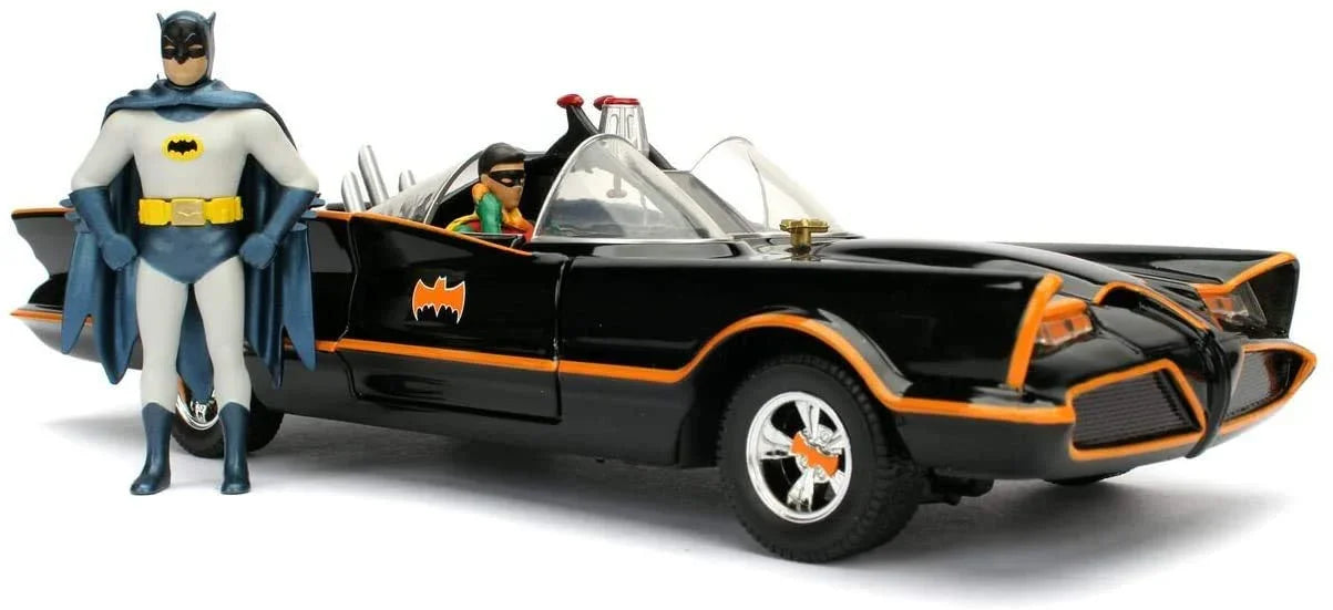 アウトレット品 ミニカー バットモービル 1 24スケール DCコミックス バットマン TVシリーズ 1966年モデル JADA TOYS コレクターズアイテム 流線型ボディ ダブルバブルキャノピー バットフィン リアエンド ガジェット 火炎放射器 オイル散布装置