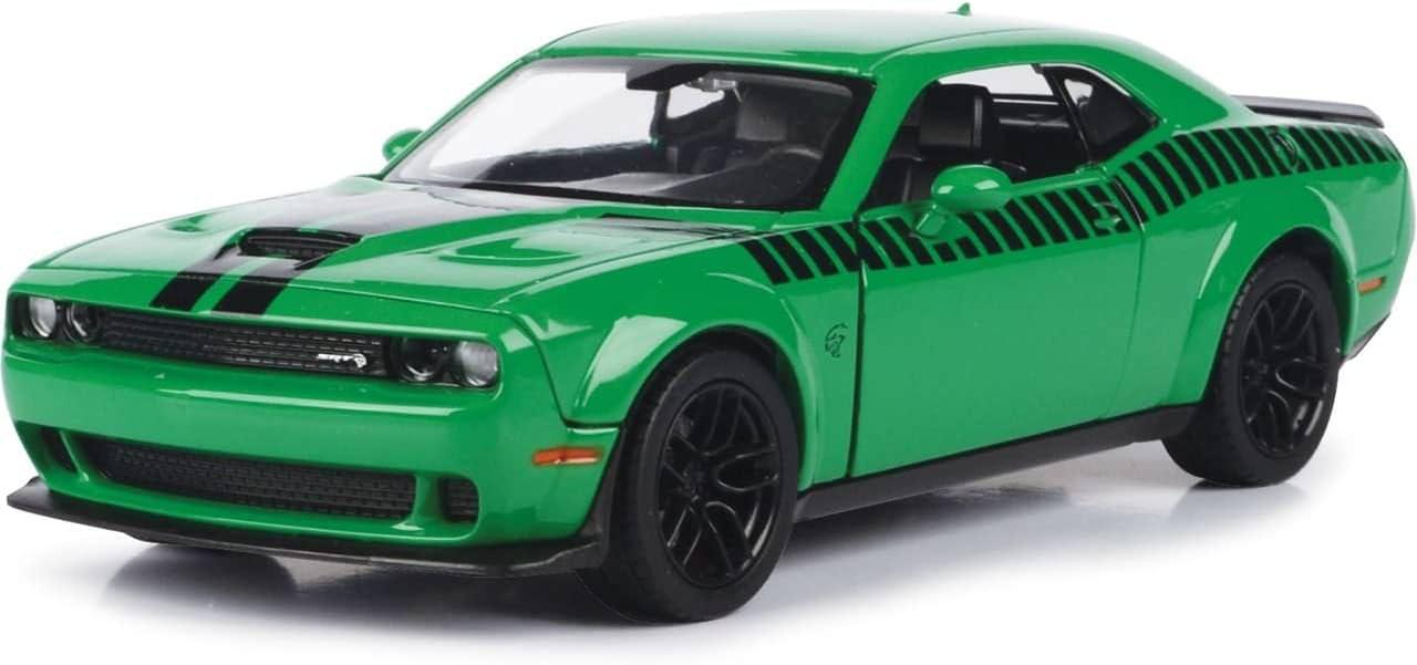 アウトレット品 ミニカー ダッジ チャレンジャー SRT ヘルキャット ワイドボディ 2018年モデル Motormax アメリカンマッスルカー リアルダイキャスト 1/24スケール 精密再現 緑ブラックストライプ迫力デザイン ハイクオリティインテリア精巧仕上げ