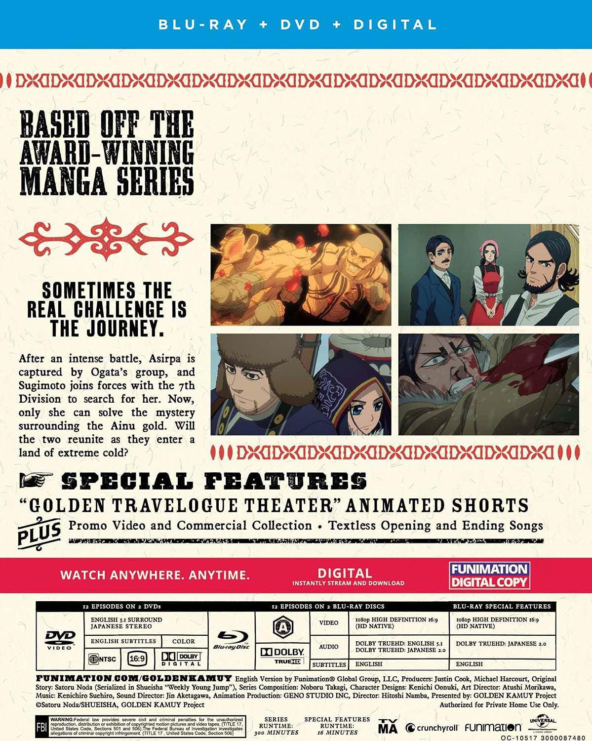 ブルーレイ DVDセット ゴールデンカムイ 第三期 野田サトル 原作 アニメーション 高画質 1080p HD Native 16対9 アスペクト比 Dolby TrueHD 音声 12話完全収録 全300分 北海道 極寒 明治時代 本格歴史アクション 壮大物語 DVD