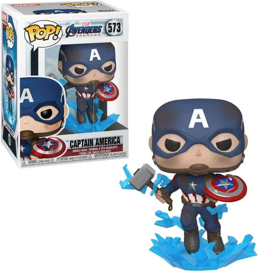 アウトレット品 フィギュア Funko POP マーベル アベンジャーズ エンドゲーム キャプテン・アメリカ 壊れた盾 ムジョルニア 573 高さ約9.5cm デフォルメ スタイリッシュ 青いスーツ 星のマーク コレクタブル 限定ディスプレイボックス 複雑な作戦