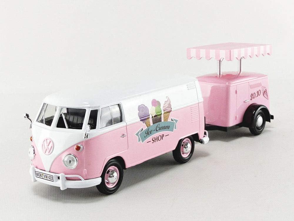 アウトレット品 ミニチュア 車 フォルクスワーゲンT1デリバリーバン アイスクリームトラック Motormax 1 24スケール ピンクとホワイトのレトロでキュートな夏の思い出 彩るおしゃれなトレーラー付きモデルカー コレクター向け精巧なディテール