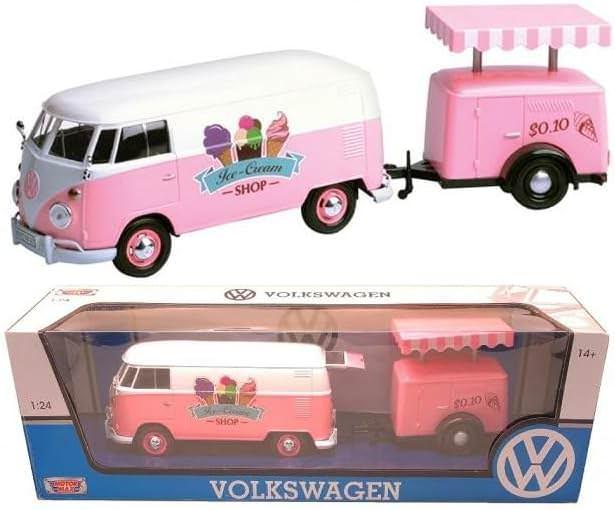 アウトレット品 ミニチュア 車 フォルクスワーゲンT1デリバリーバン アイスクリームトラック Motormax 1 24スケール ピンクとホワイトのレトロでキュートな夏の思い出 彩るおしゃれなトレーラー付きモデルカー コレクター向け精巧なディテール