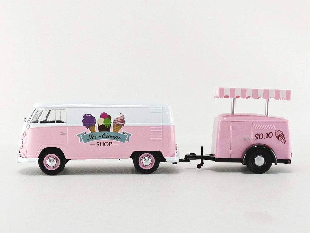 アウトレット品 ミニチュア 車 フォルクスワーゲンT1デリバリーバン アイスクリームトラック Motormax 1 24スケール ピンクとホワイトのレトロでキュートな夏の思い出 彩るおしゃれなトレーラー付きモデルカー コレクター向け精巧なディテール