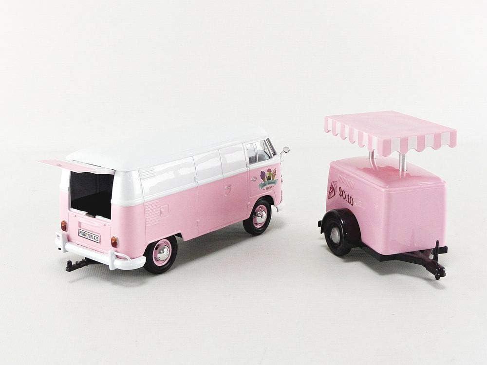アウトレット品 ミニチュア 車 フォルクスワーゲンT1デリバリーバン アイスクリームトラック Motormax 1 24スケール ピンクとホワイトのレトロでキュートな夏の思い出 彩るおしゃれなトレーラー付きモデルカー コレクター向け精巧なディテール