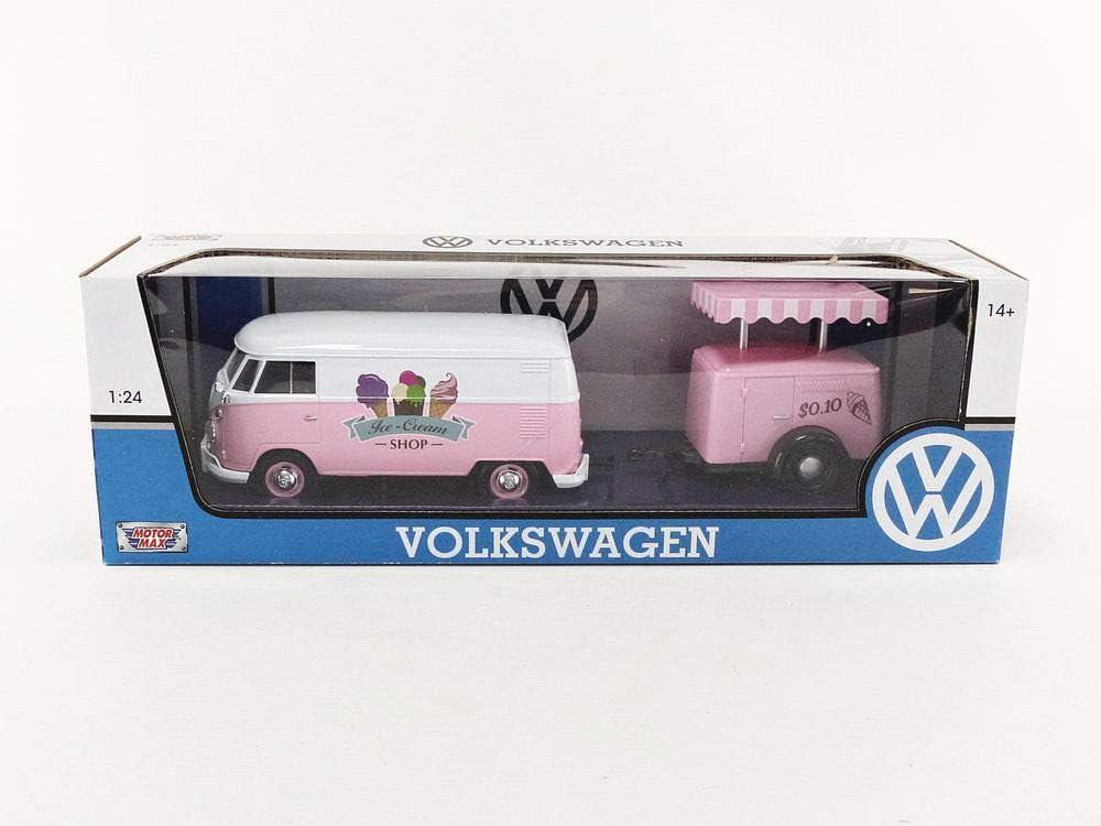 アウトレット品 ミニチュア 車 フォルクスワーゲンT1デリバリーバン アイスクリームトラック Motormax 1 24スケール ピンクとホワイトのレトロでキュートな夏の思い出 彩るおしゃれなトレーラー付きモデルカー コレクター向け精巧なディテール