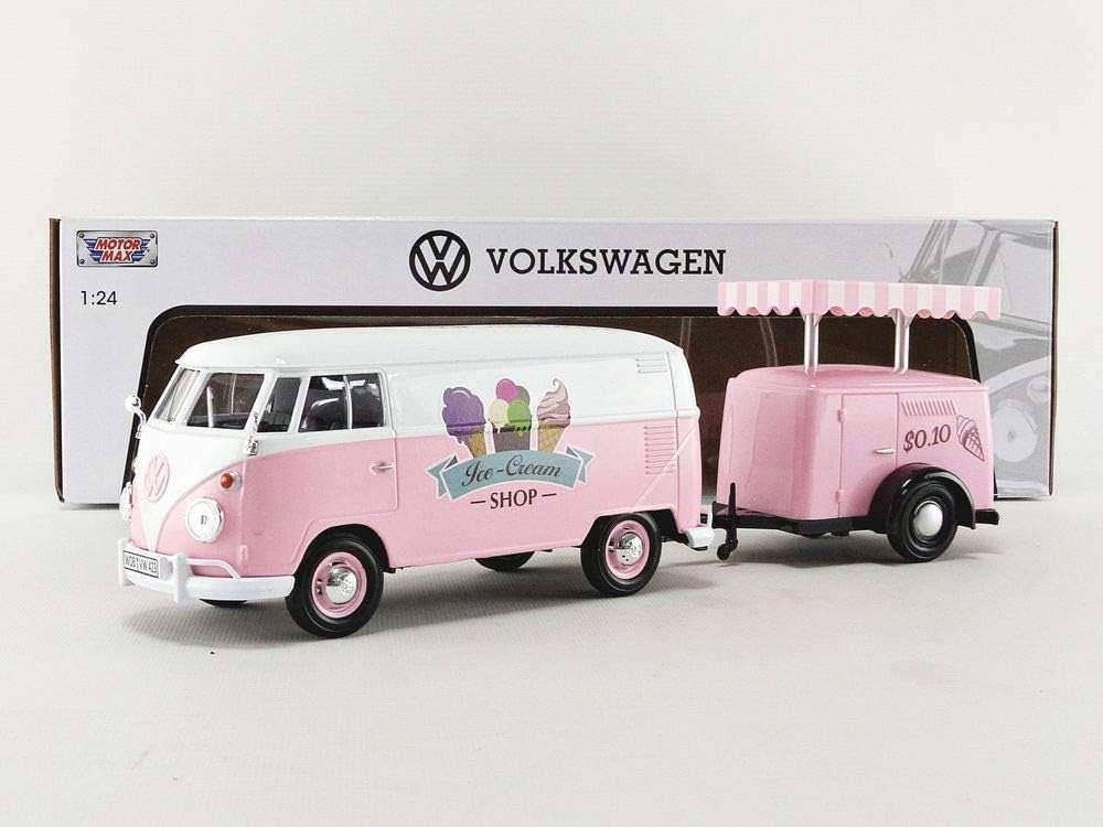 アウトレット品 ミニチュア 車 フォルクスワーゲンT1デリバリーバン アイスクリームトラック Motormax 1 24スケール ピンクとホワイトのレトロでキュートな夏の思い出 彩るおしゃれなトレーラー付きモデルカー コレクター向け精巧なディテール