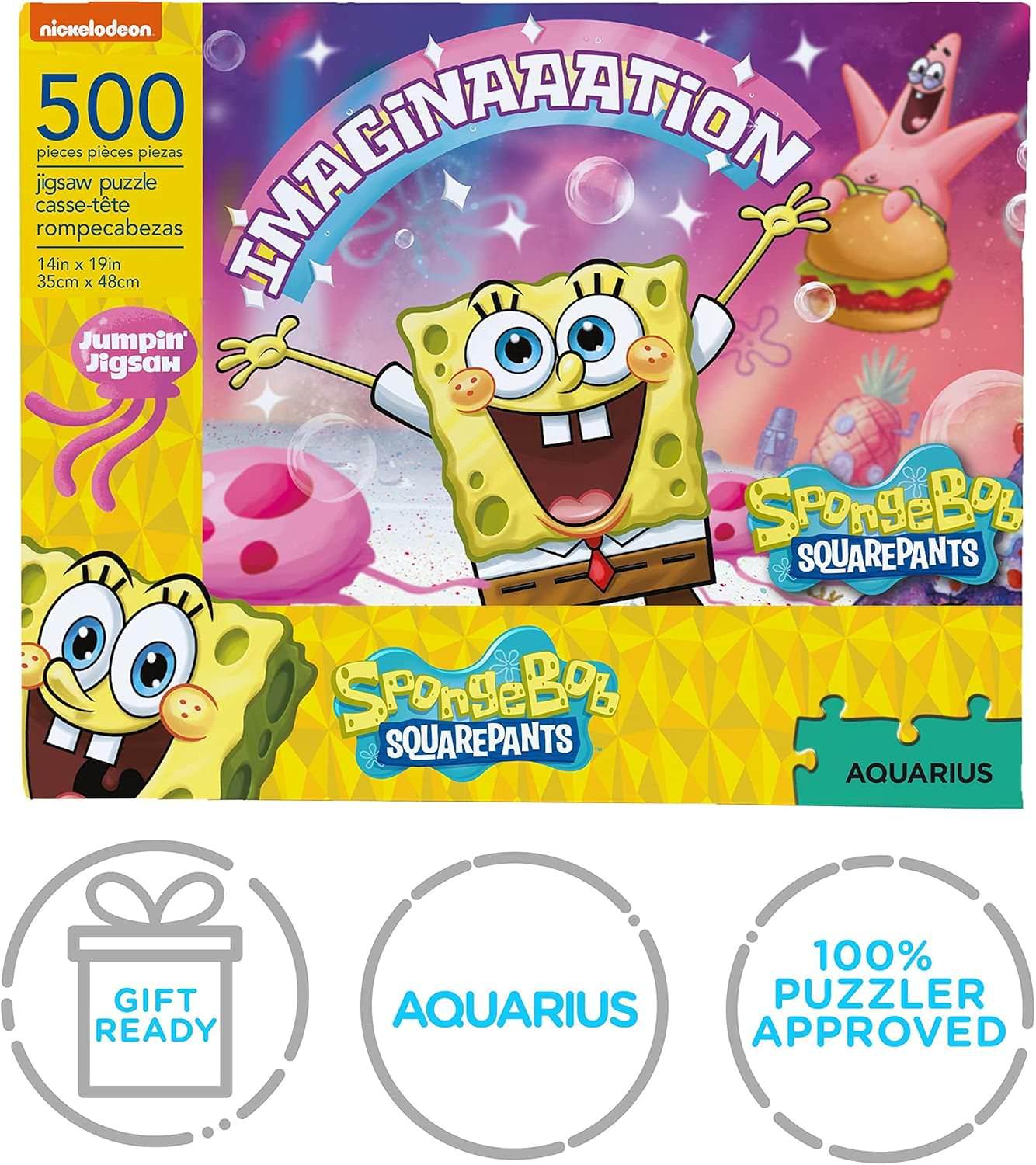 ジグソーパズル スポンジボブ スクエアパンツ イマジネーション 500ピース Aquarius 高品質公式ライセンス製品 ニコロデオン 精密カット技術 鮮やか色彩 厚手紙使用 コンパクトサイズ ビキニボトム海底世界