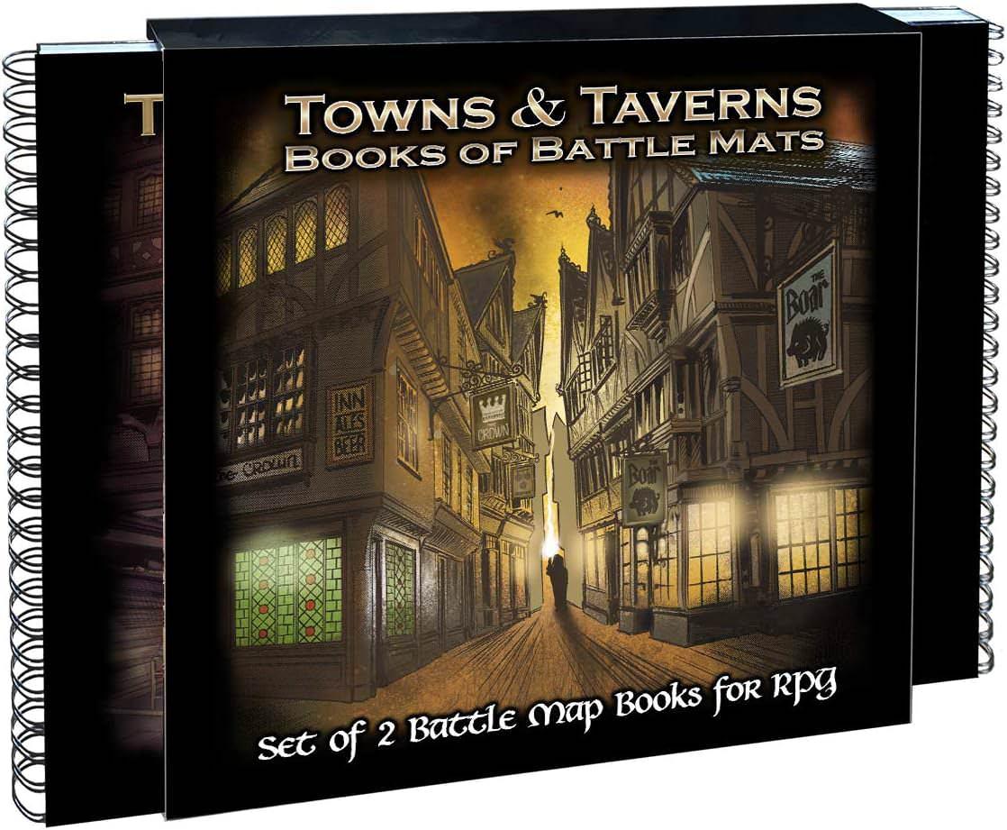 アウトレット品 ボードゲームアクセサリー Towns & Taverns Books of Battle Mats Loke Battlemats 都市ファンタジー RPGバトルマップ集 高耐久ハードカバー仕様 24インチ×24インチ大判サイズ 40ページモジュール式2冊セット
