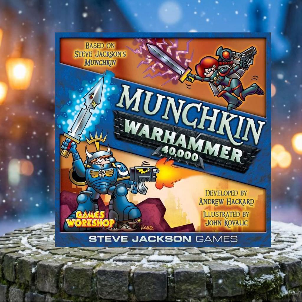 雪の降る石畳を背景にした「Munchkin Warhammer 40,000」のパッケージ