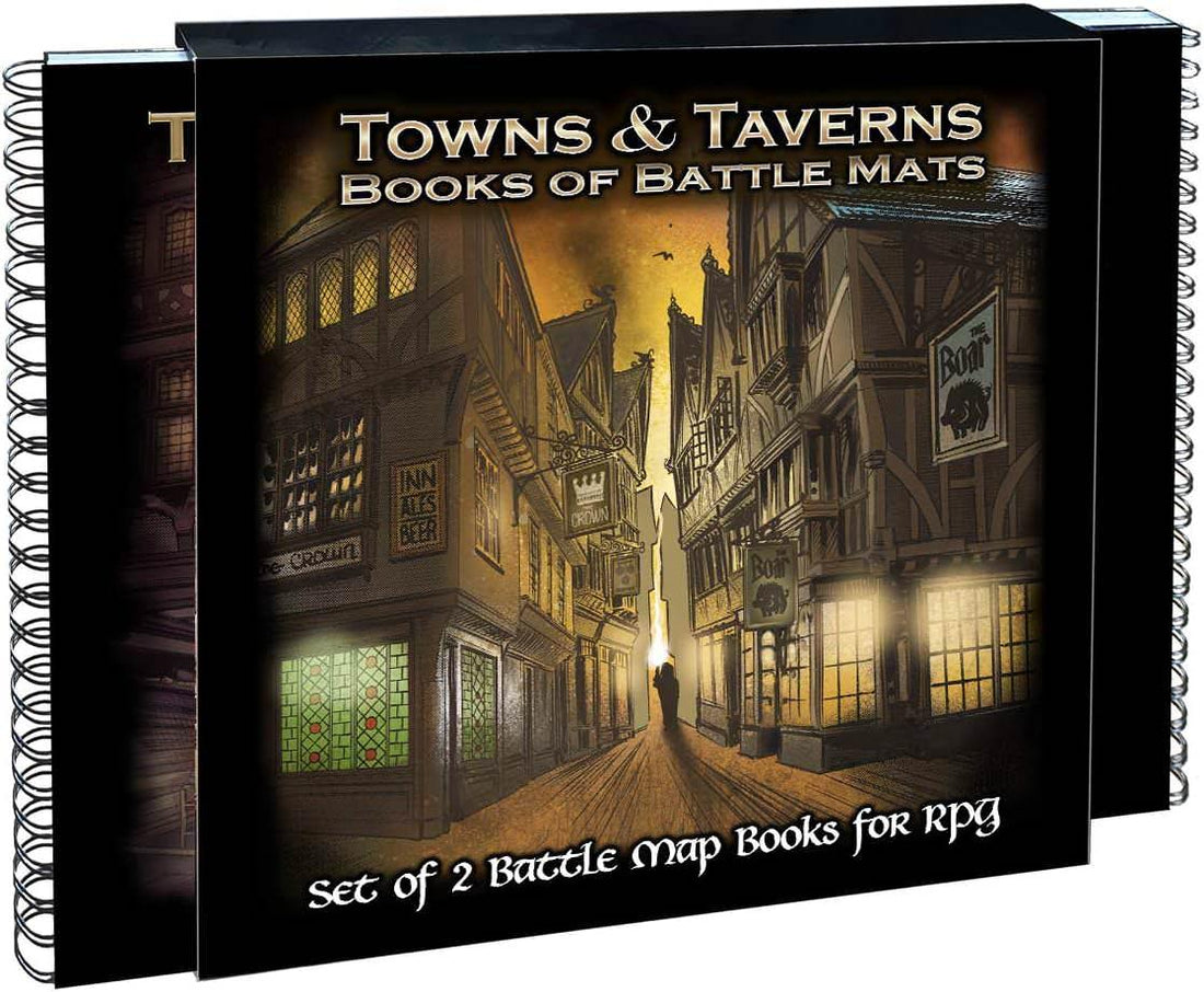 Towns & Taverns Books of Battle Mats の2冊を並べた写真。表紙には夕暮れの路地と「THE BOAR」「INN ALES BEER」の看板が描かれ、リング綴じの背が見える