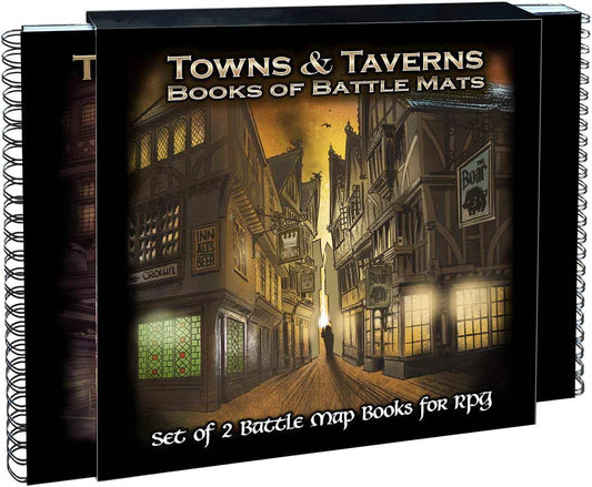 Towns & Taverns Books of Battle Mats の2冊を並べた写真。表紙には夕暮れの路地と「THE BOAR」「INN ALES BEER」の看板が描かれ、リング綴じの背が見える
