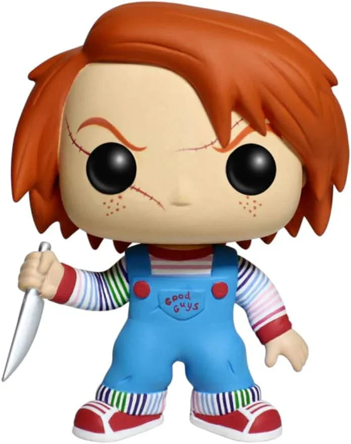 フィギュア チャイルド・プレイ チャッキー Funko POP Movies ビニール製 約3.75インチ 青オーバーオール ナイフ持ち 赤毛 傷跡 不気味な表情 ポップスタイル ホラー映画キャラクター コレクター向け 限定デザイン 人気長寿シリーズ 並行輸入品